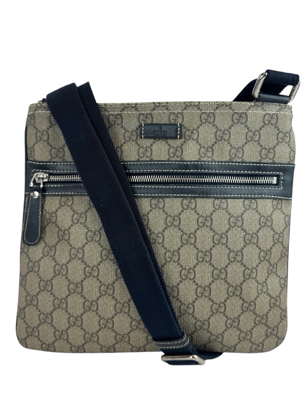 Gucci Brown Gg Supreme Messenger With Navy Strap